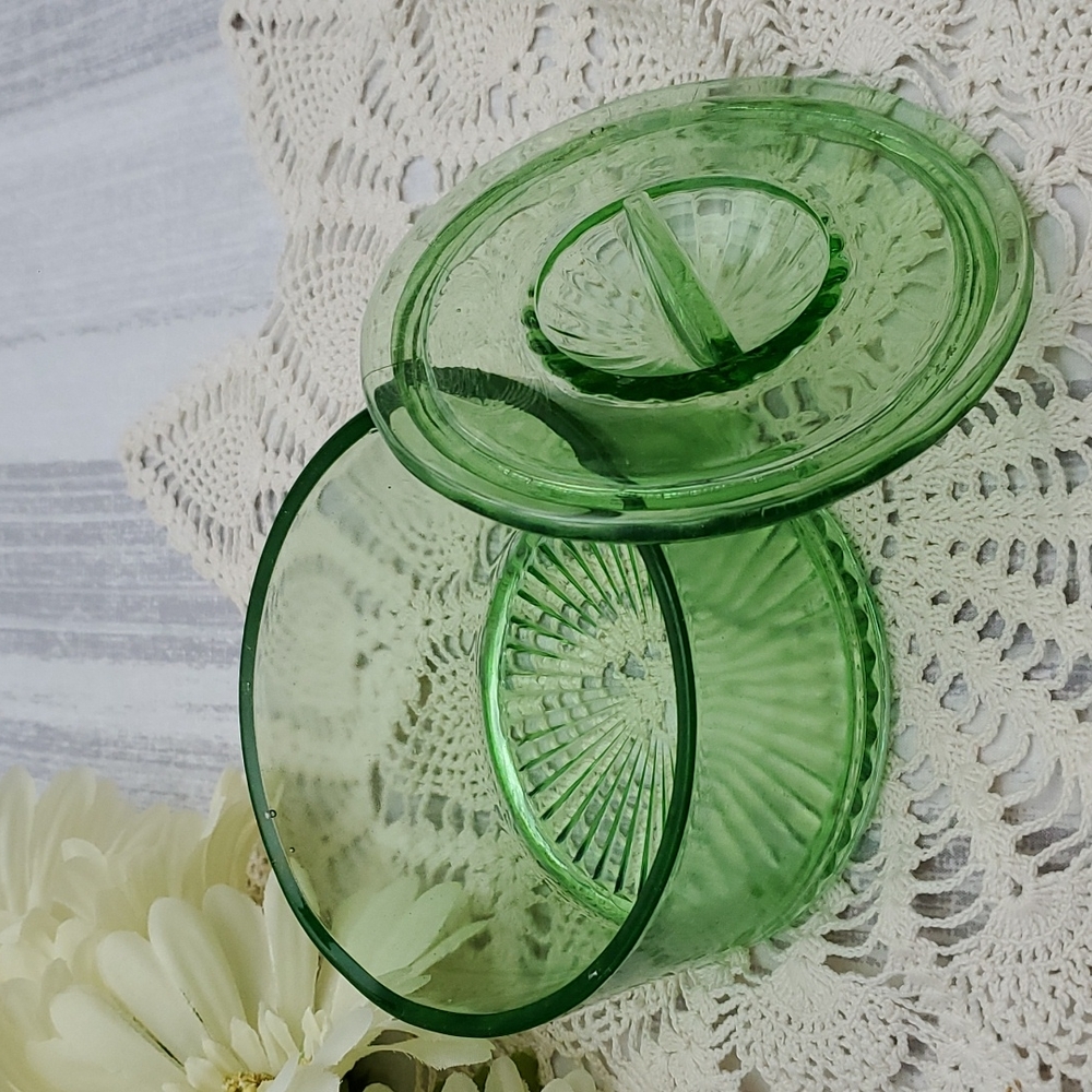 Emerald Green Covered Jar Starburst Bottom Depression Era
